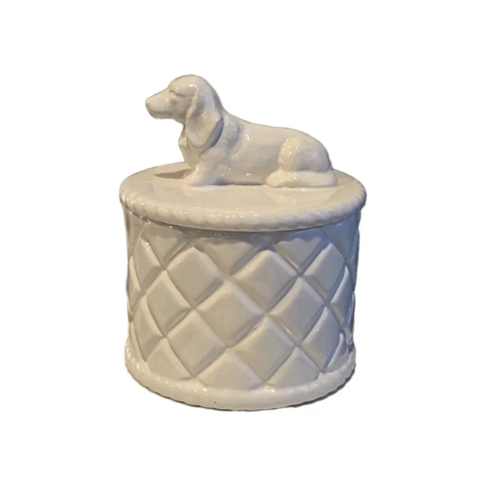 New White Shabby Royal Chic Ceramic Dachound Doggie Treat Dog Treat Jar